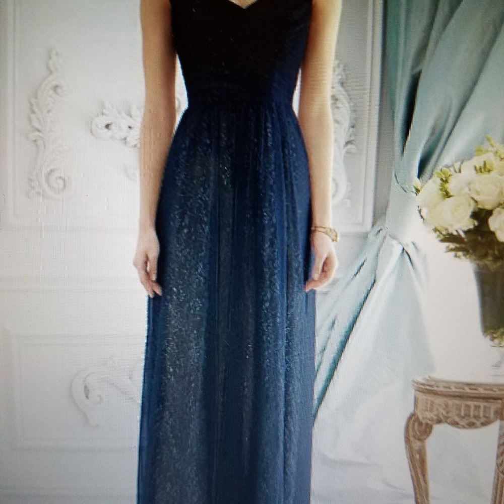 New navy formal gown with silver underlay